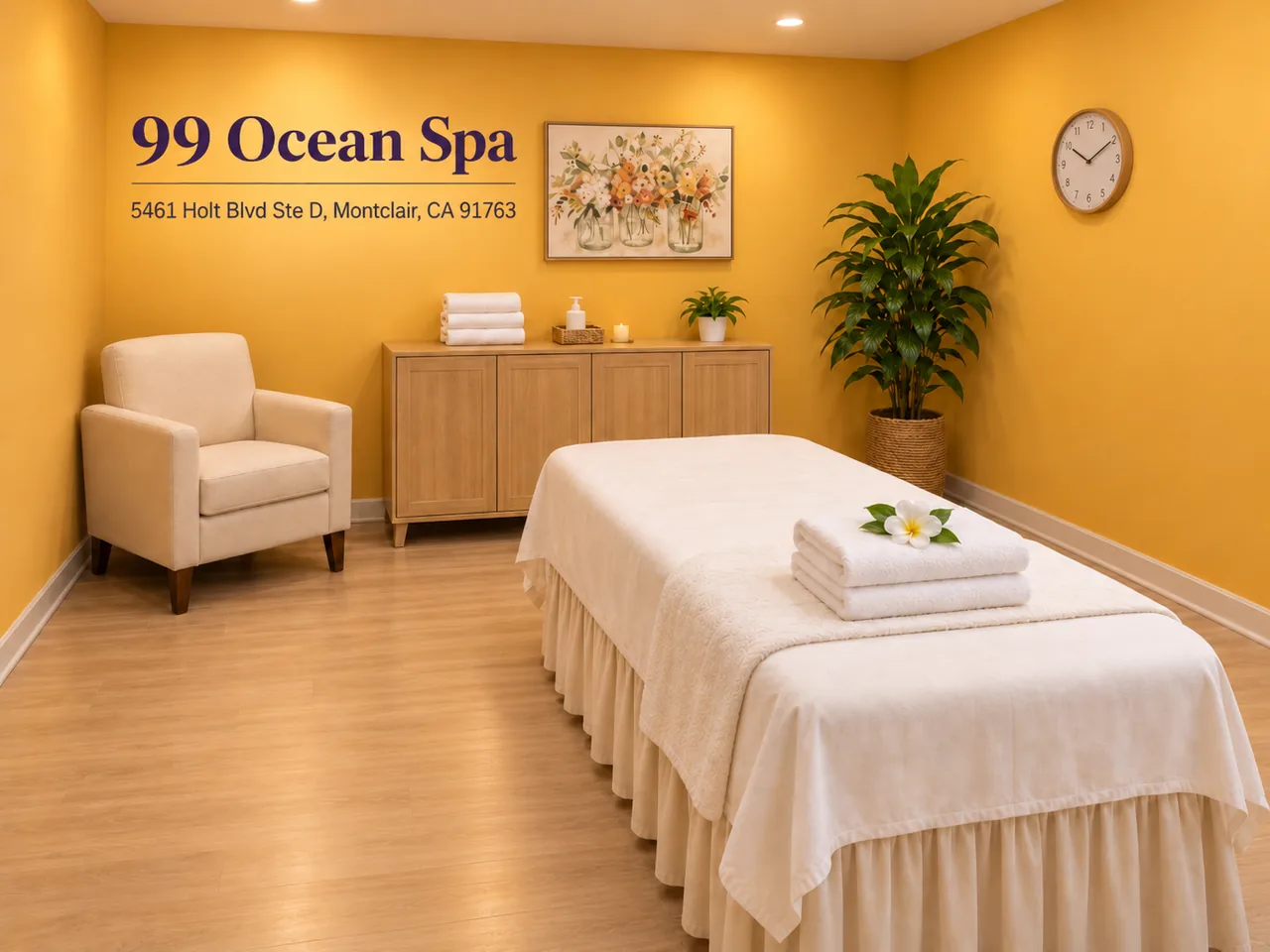 Clean private massage room with warm lighting at 99 Ocean Spa in Montclair, CA