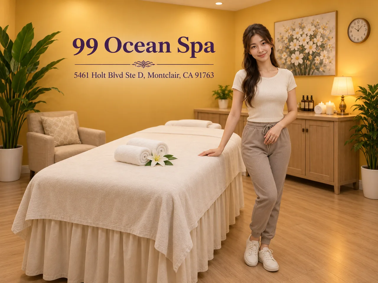 Friendly staff member welcoming guests at 99 Ocean Spa in Montclair, CA