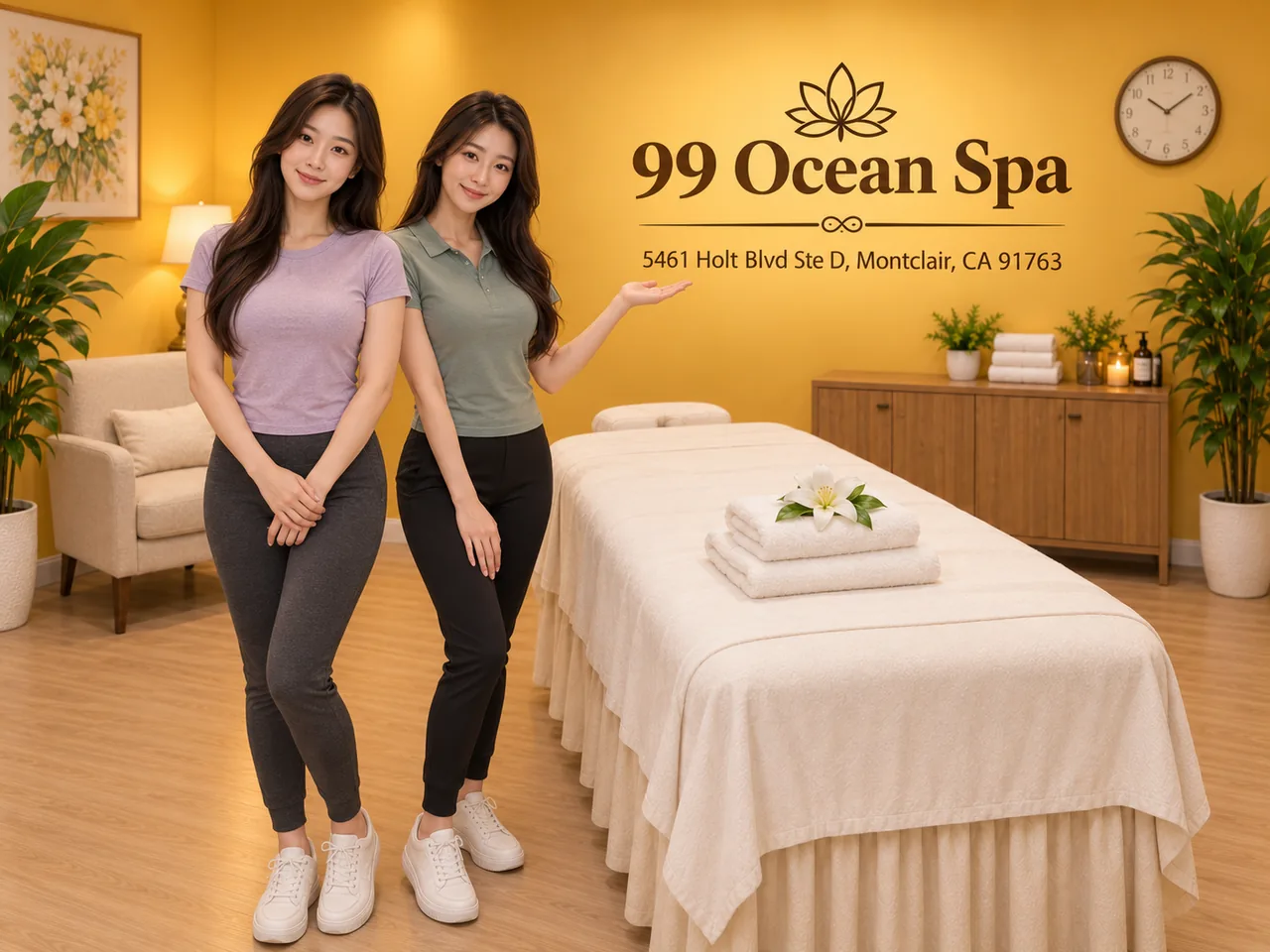 Two friendly staff members in a clean private room at 99 Ocean Spa in Montclair, CA