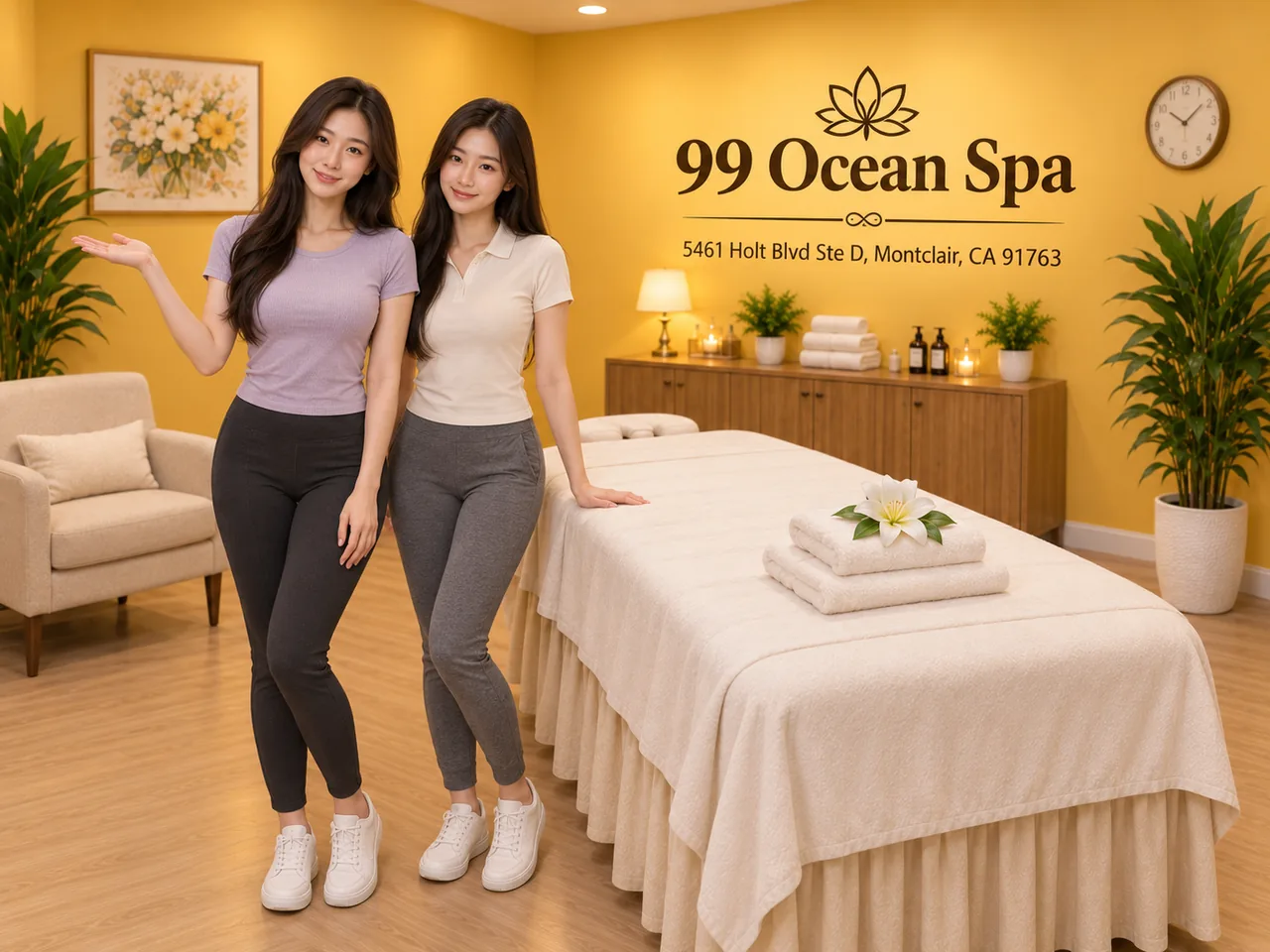 Two staff members beside a clean massage table at 99 Ocean Spa in Montclair, CA
